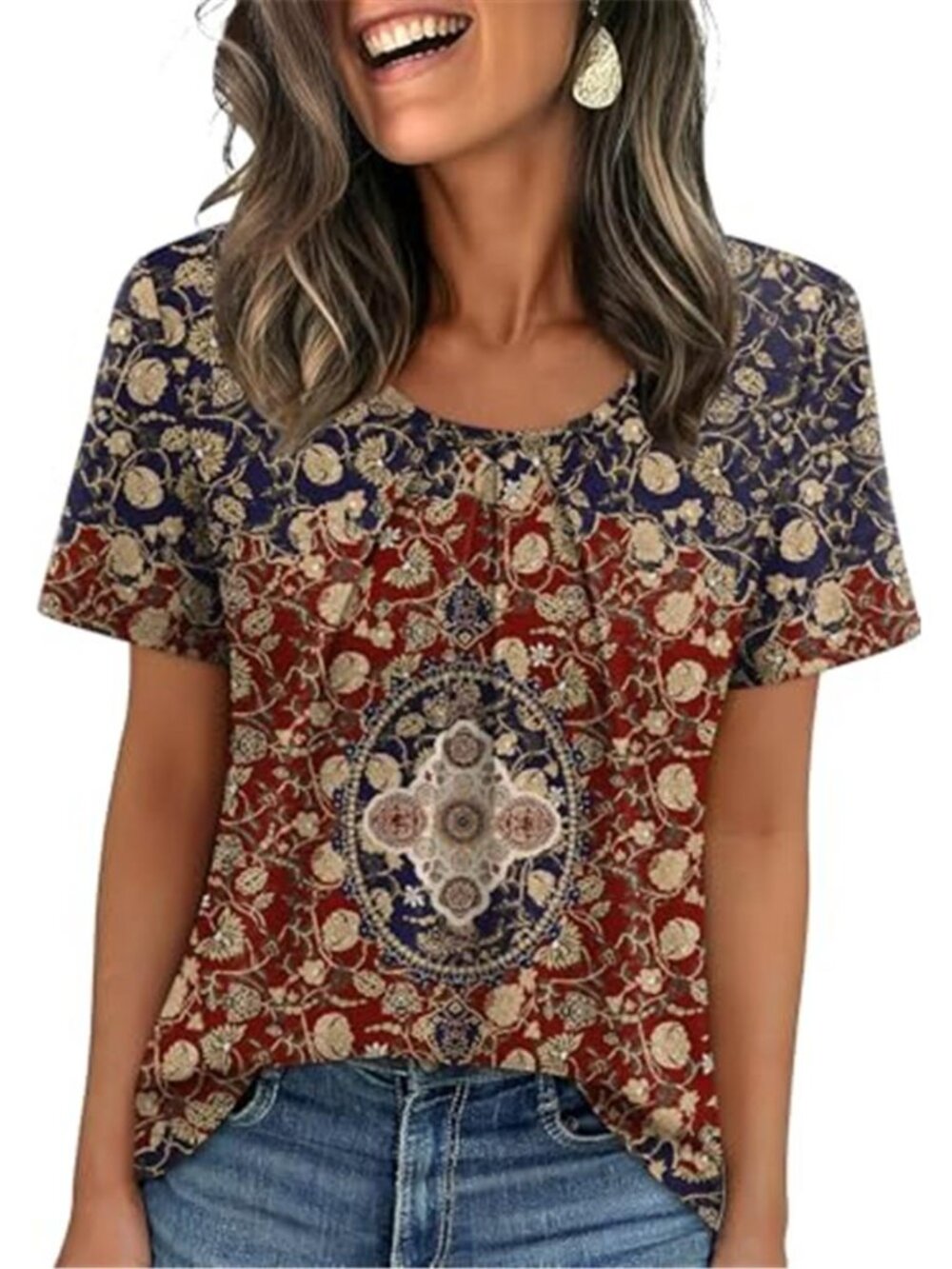 WIHOLL Navy Red Boho Floral Poly Pleated Short Sleeve Blouse